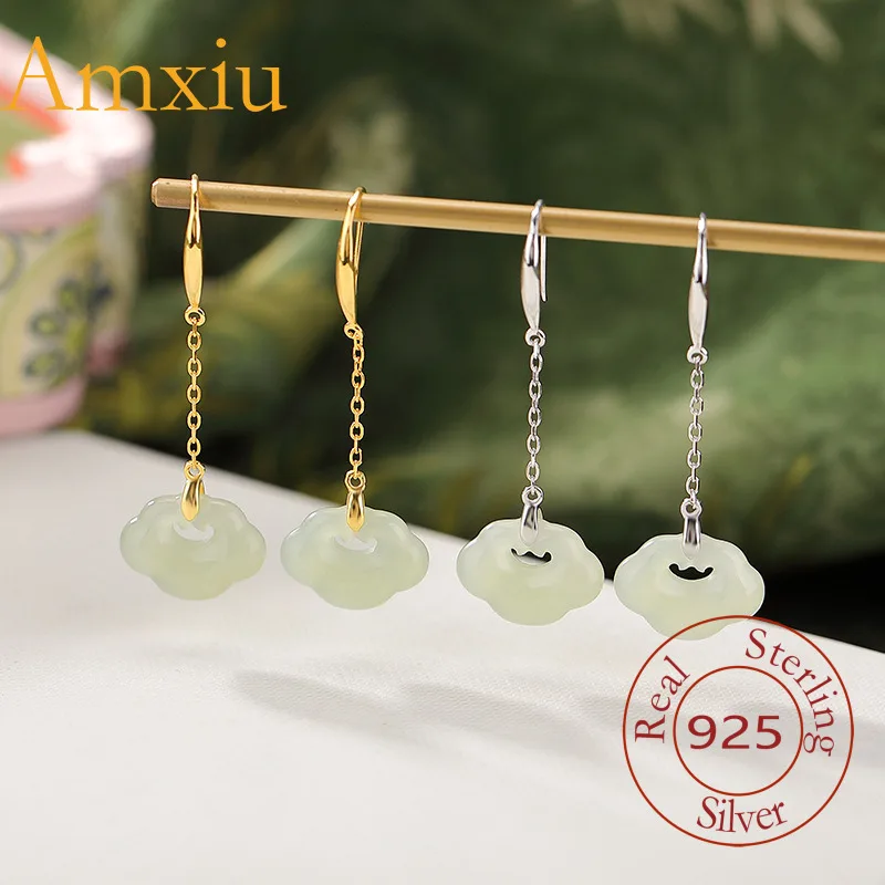 Amxiu Sterling Silver 925  Natural Hetian  Clear Water Jade Ruyi Simple Chinese Style Silver Ear Hook Earrings
