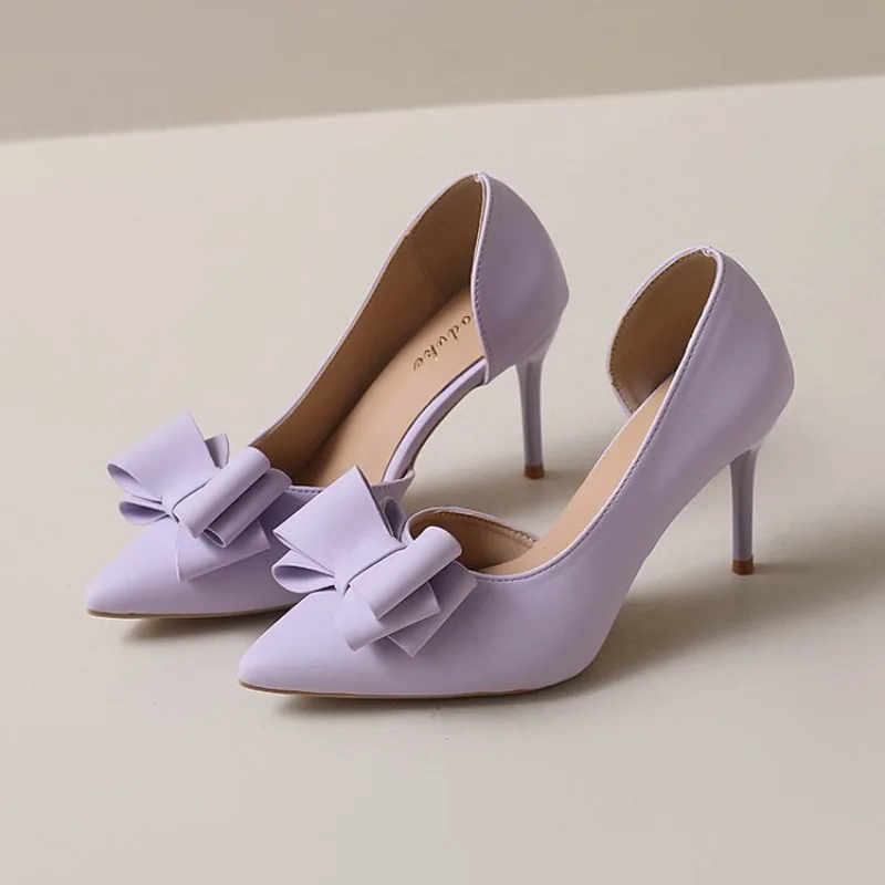 2026 New French Pointed Toe Side Empty Heel Women's Bow Pull-On Single Slip-On High Heels