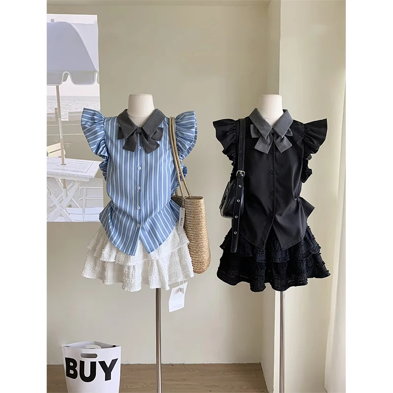 

MEXZT Kawaii Cute Striped Shirts Women Japanese Preppy Bow Black Blouses Summer Harajuku Aesthetic Flying Sleeve Casual Tops New