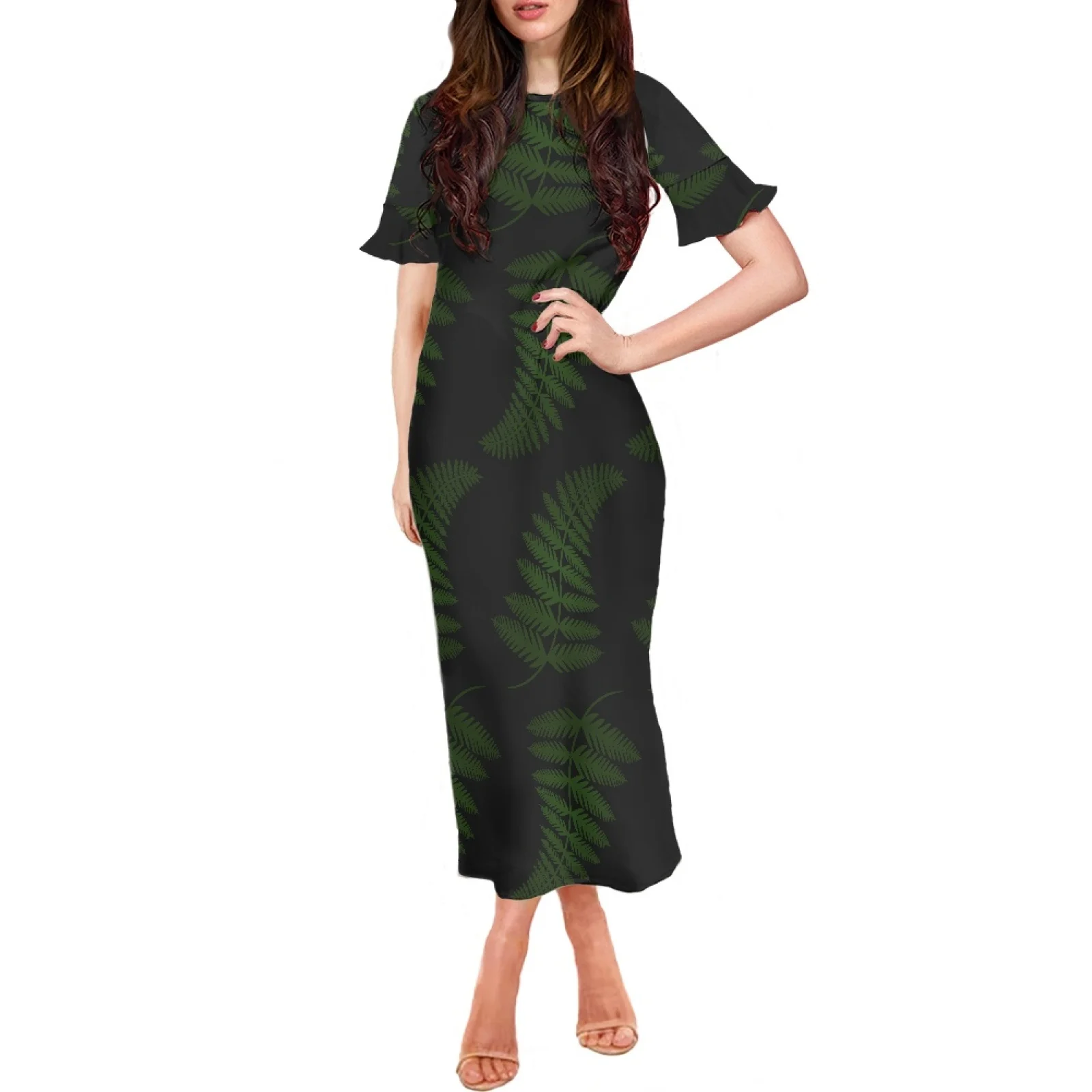 Polynesian Tribal Tongan Totem Tattoo Tonga Prints High Quality ​Lotus Leaf Short Sleeve Round Neck Long Dress Slim Lady 4XL Siz