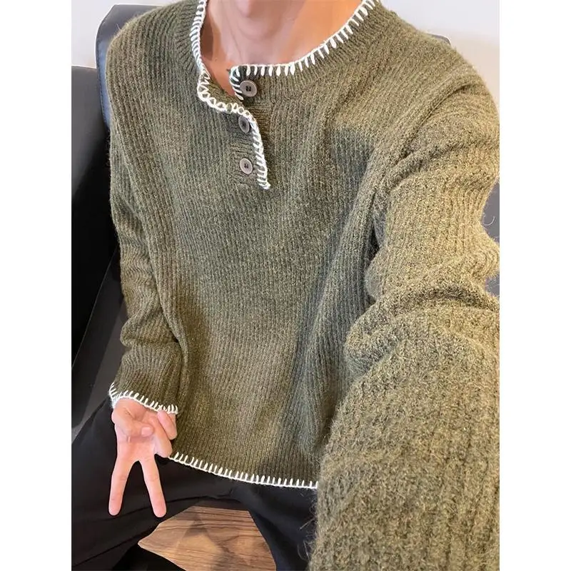 Retro lazy style Henry collar sweater men's autumn and winter design button sweater loose green base layer men clothing y2k tops