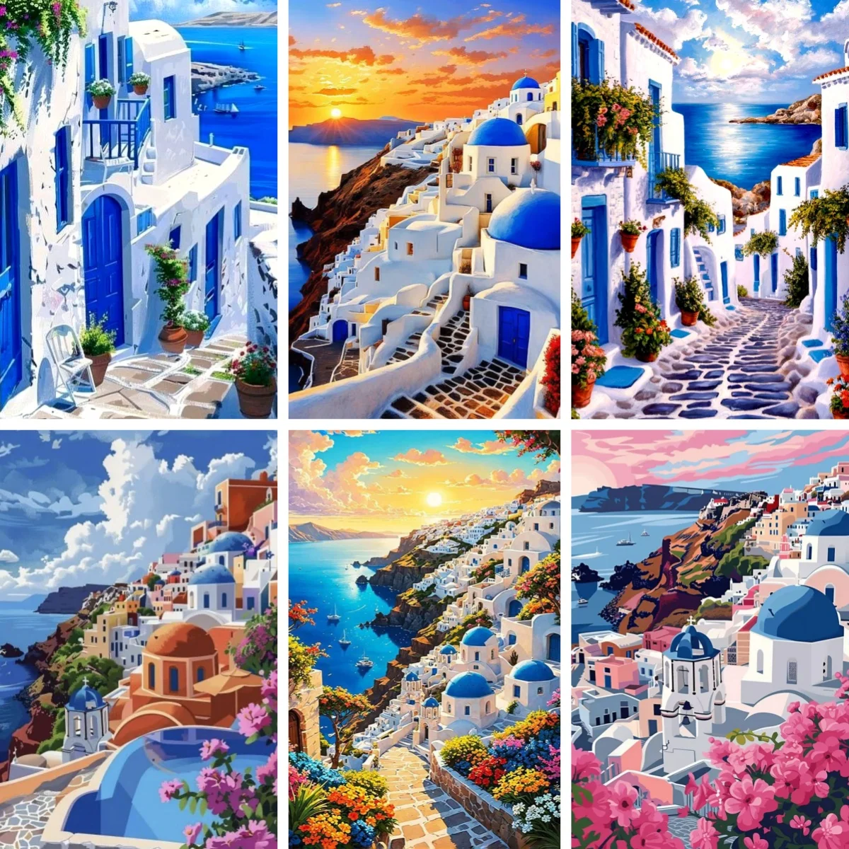 Santorini Travel Diamond Painting By Numbers for Adults , Kos Greek Mediterranean Coast Scenery , White Houses Blue Dome Roof