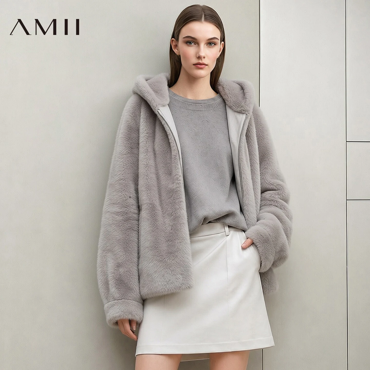 Amii Hooded Faux Fur Mink Coat Women Lantern Sleeve Warm Jacket Loose Commuter Minimalist 2026 Woman Winter Warm Coats 12614015