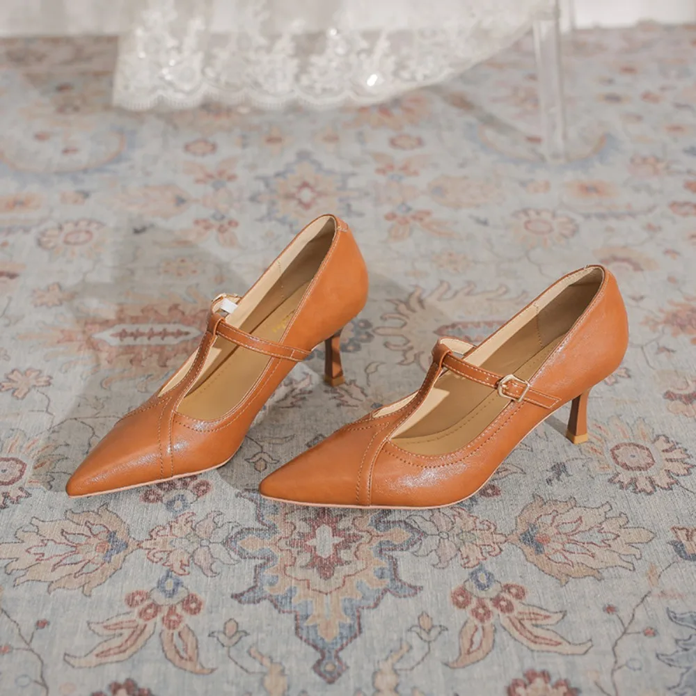 

High Heels Women's Summer New One-word T-shaped with Shallow Mouth Commuting Pumps Retro Niche Pointed Thin Heel Sandals Women