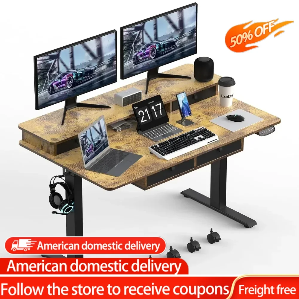 

Electric Standing Widened Desk Adjustable Height with 4 Drawers, Double Storage Shelves, Home Office Workstation Desk