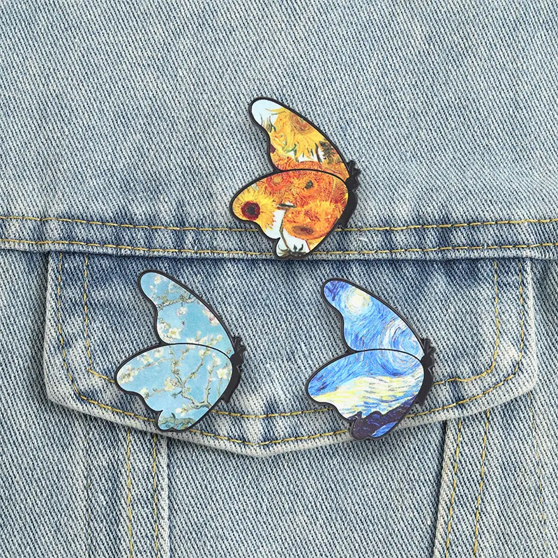 Impressionistische Ölgemälde Schmetterlings-Anstecknadeln Sternennacht Sonnenblumen-Broschen Mandelblüten-Abzeichen Van Gogh Schmuck Geschenk