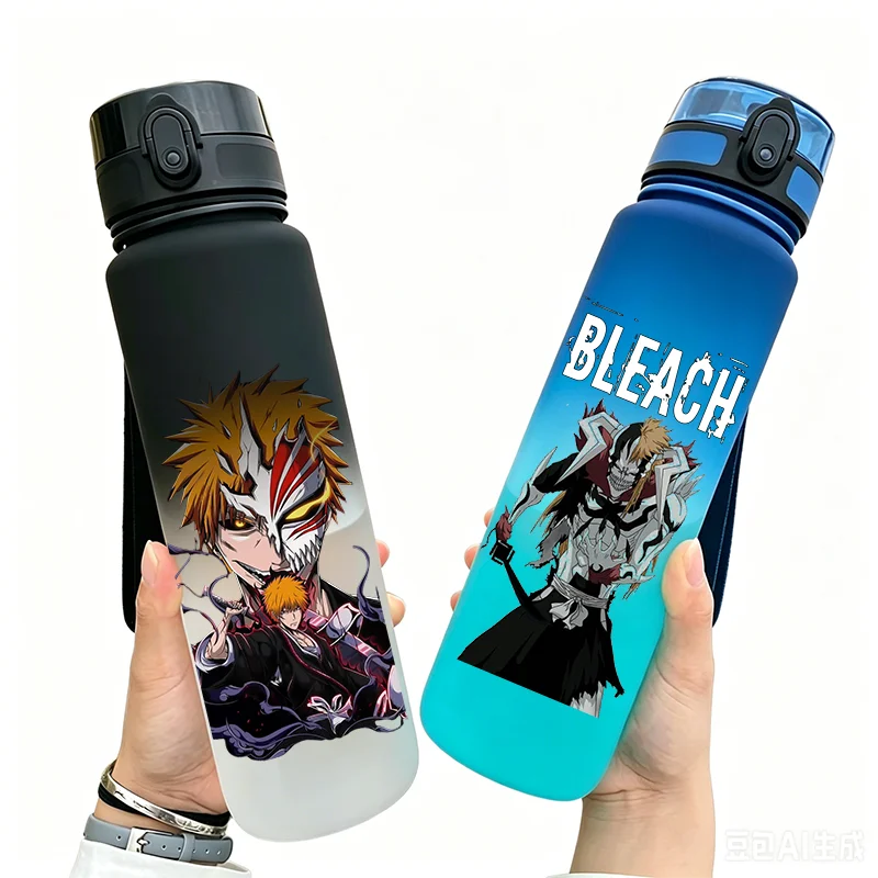Botella de agua Bleach Anime de 650 ml, sin BPA, con tapa abatible, botella deportiva con cordón portátil, taza mate degradada a prueba de fugas