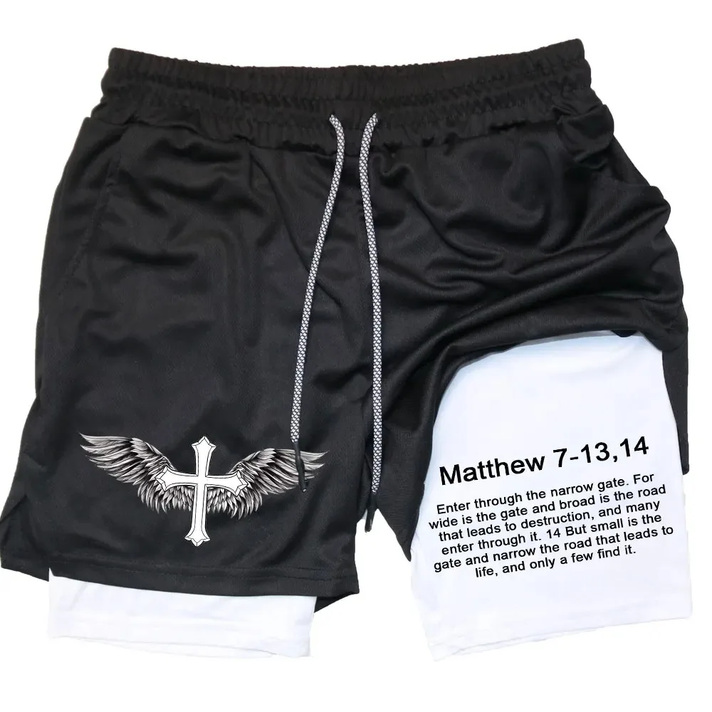 Men'S High Performance Shorts Bible Print Fitness Casual Sports Compression Shorts Gym Running Training Mesh 2 In 1sports Shorts