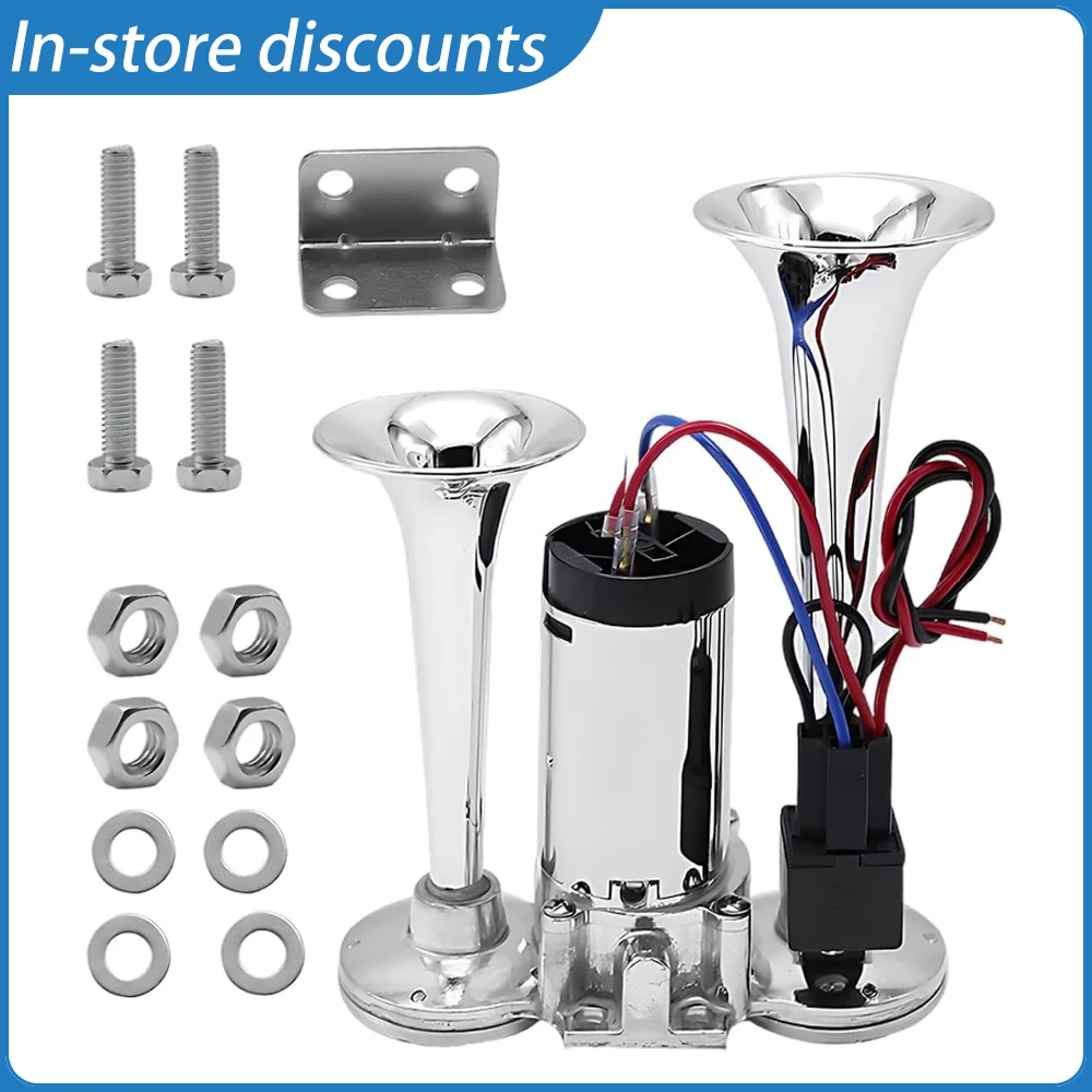 

Silver 12V 130dB Dual Trumpet Air Horn with Compressor, Super Loud Electric Horn Kit for Cars Trucks SUVs and Boats