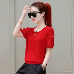 Office Lady Chiffon Solid Color Blouse Summer New Short Sleeve O-neck All-match Red Shirt Tops Elegant Fashion Women Clothing