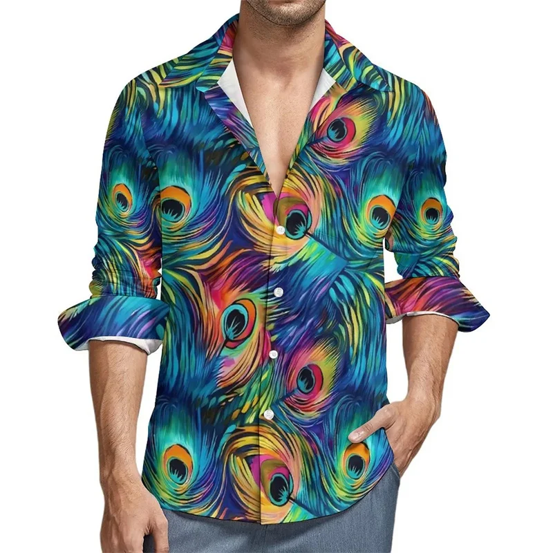 

Peacocks Feather Pattern Hawaiian Shirts For Men Animal 3D Printed Blouse Spring Autumn Casual Loose Aloha Shirts Long Sleeves