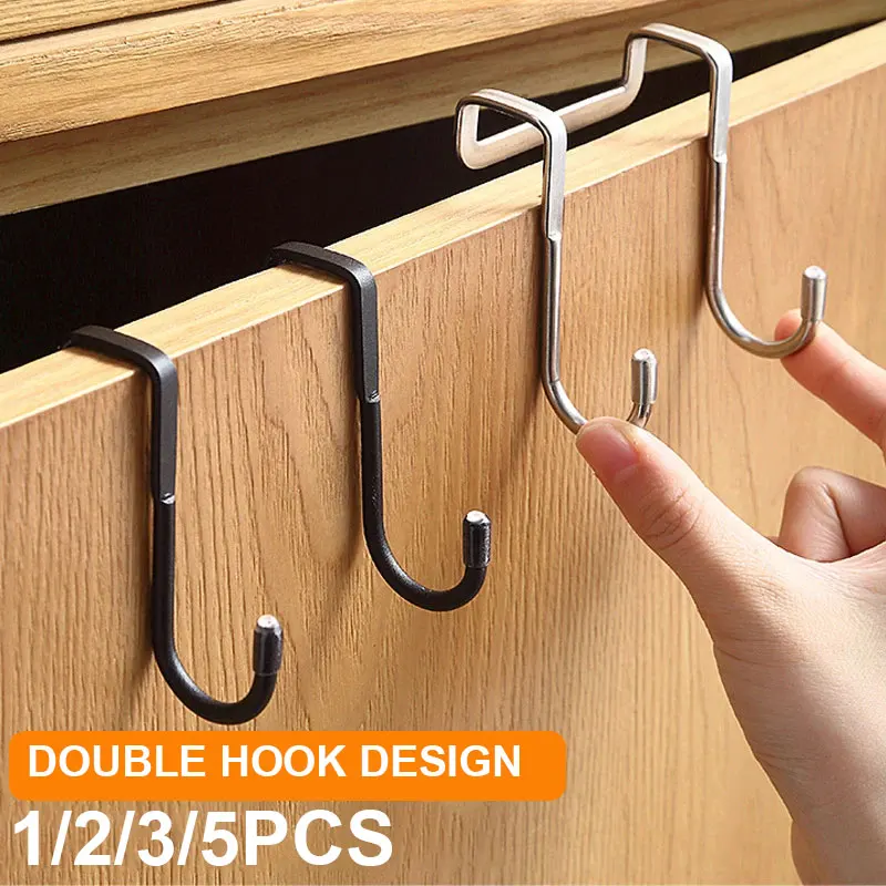 201 Stainless Steel Hook Free Punching Double S-Shape Hook Kitchen Bathroom Cabinet Door Back Type Coat Towel Storage Hanger