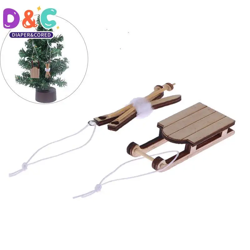 1:12 Dollhouse Miniature Wood Sleigh Sled Ski Poles Pendant Christmas Decoration Dolls House Xmas Accessories