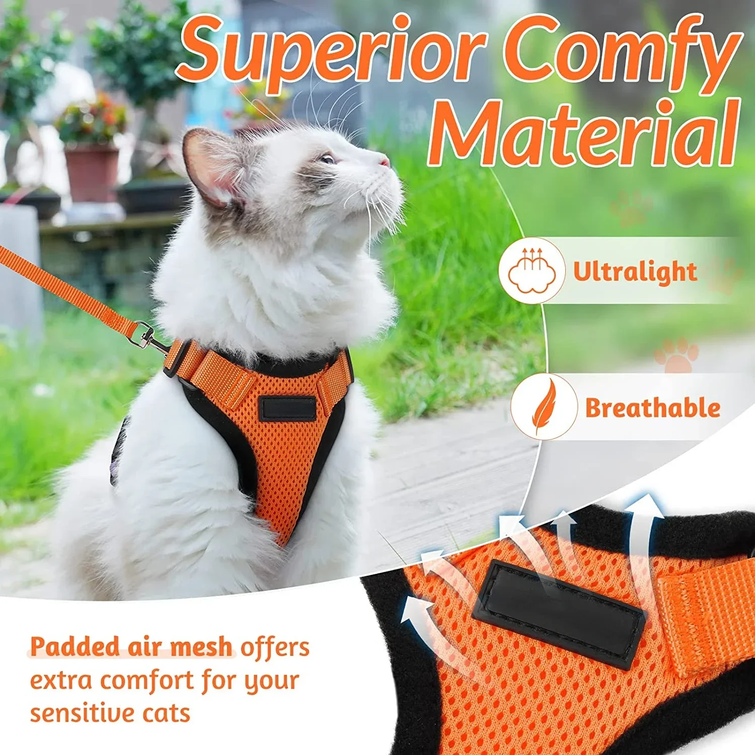 ATUBAN Arnés y correa para gatos para caminar, arneses de chaleco ajustables suaves a prueba de escape para gatos, chaqueta de tiras reflectantes transpirables