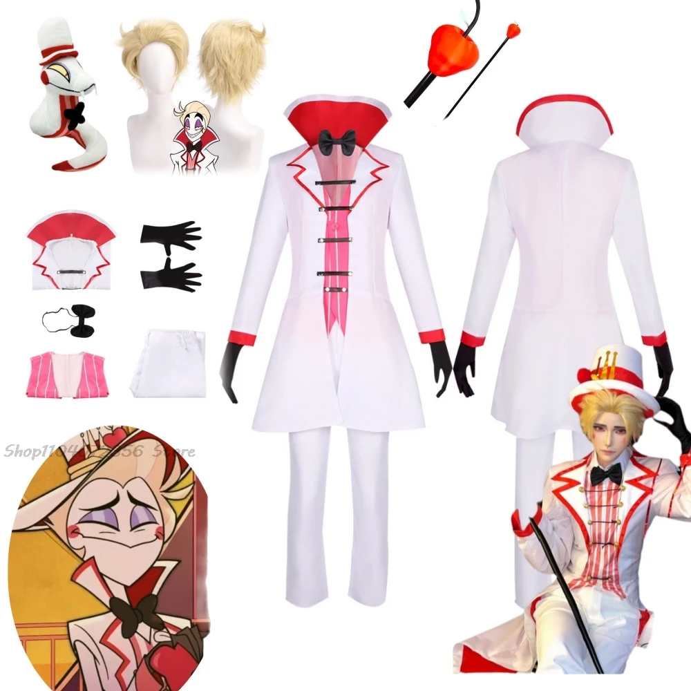 

Anime Hazbin Lucifer Cosplay Hotel Morningstar Snake King Costume Wig Hat White Suit Cosplay Clothes Halloween Party Devil Daddy