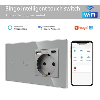 Wifi Smart Tuya EU Light Switch Wall Socket Type-C Port Glass Touch Panel Electrical Wall Outlet Remote Alexa Google Home