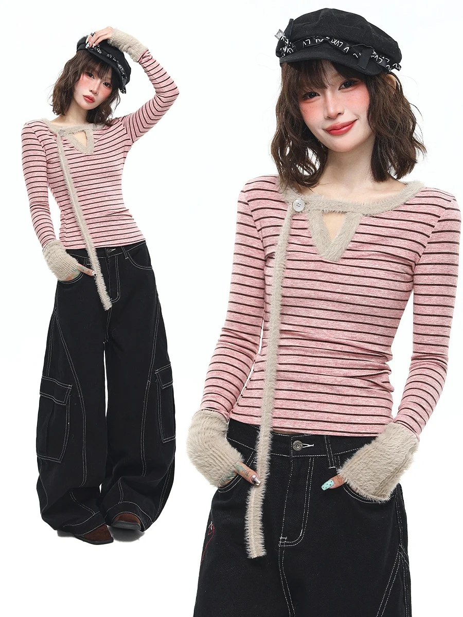 

Sanowers Korean Striped Plu Long Sve V-ne Women's T-irt Spring Autumn Slimming Trendy Base Layer irt