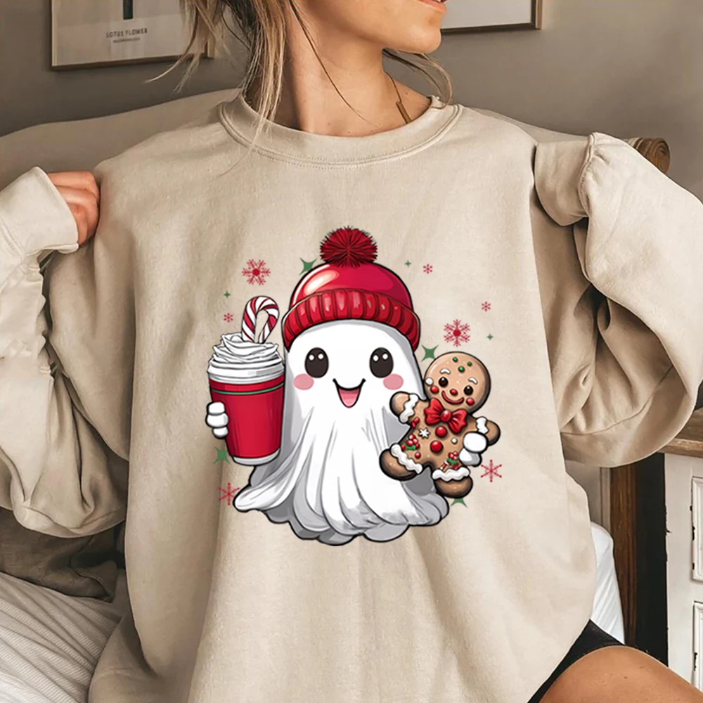 Cute Christmas Ghost Sweatshirt Ghost Iced Coffee Shirt Spooky Christmas Hoodie Santa Xmas Jumper Vintage Holiday Sweatshirts