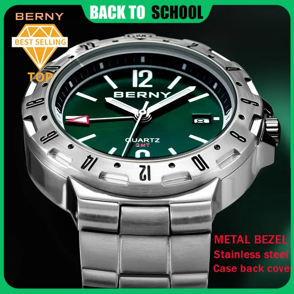 

BERNY GMT Watch for Men Super Luminous Luxury Sports Quartz Wristwatch Waterproof Stainless Steel Military Man Clock SWISS MOVT