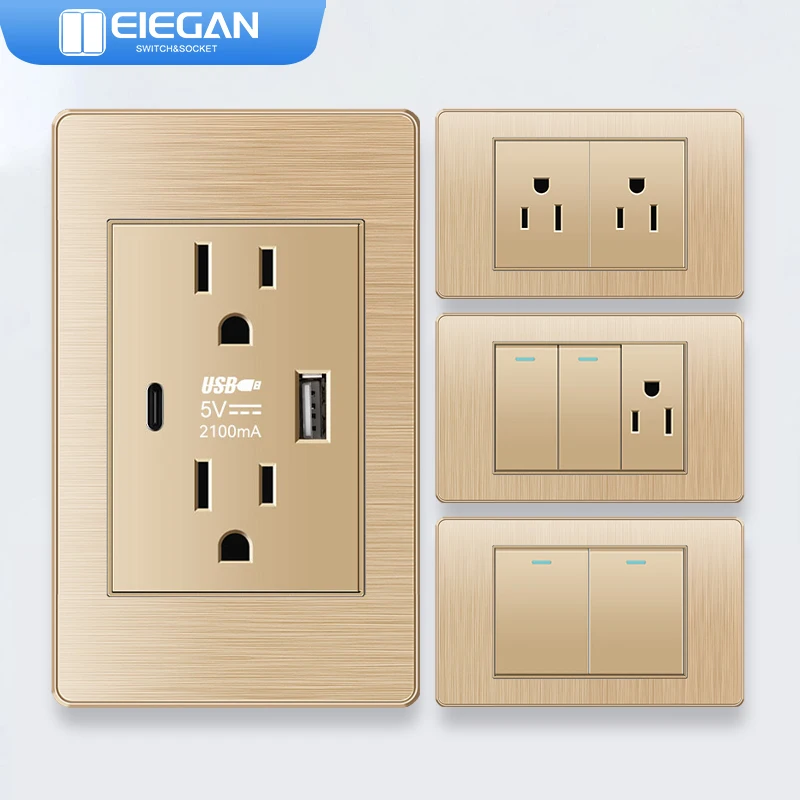 

ELEGAN Gold 118*74mm Socket with USB Type-c,PC Drawing panel Thai US Plug Combination DC 5V 2.1A Fast Charger Power Socket hogar
