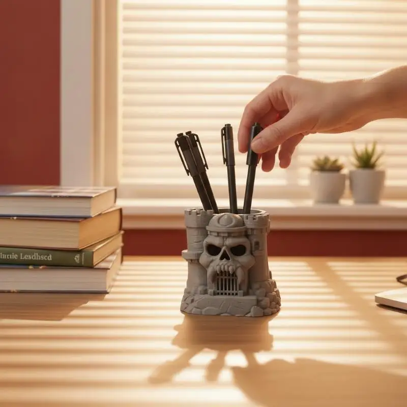 Unique Skull Castle Pen Holder Gothic Skeleton Multi-functional Storage Rack for Office Home Vanity Gift