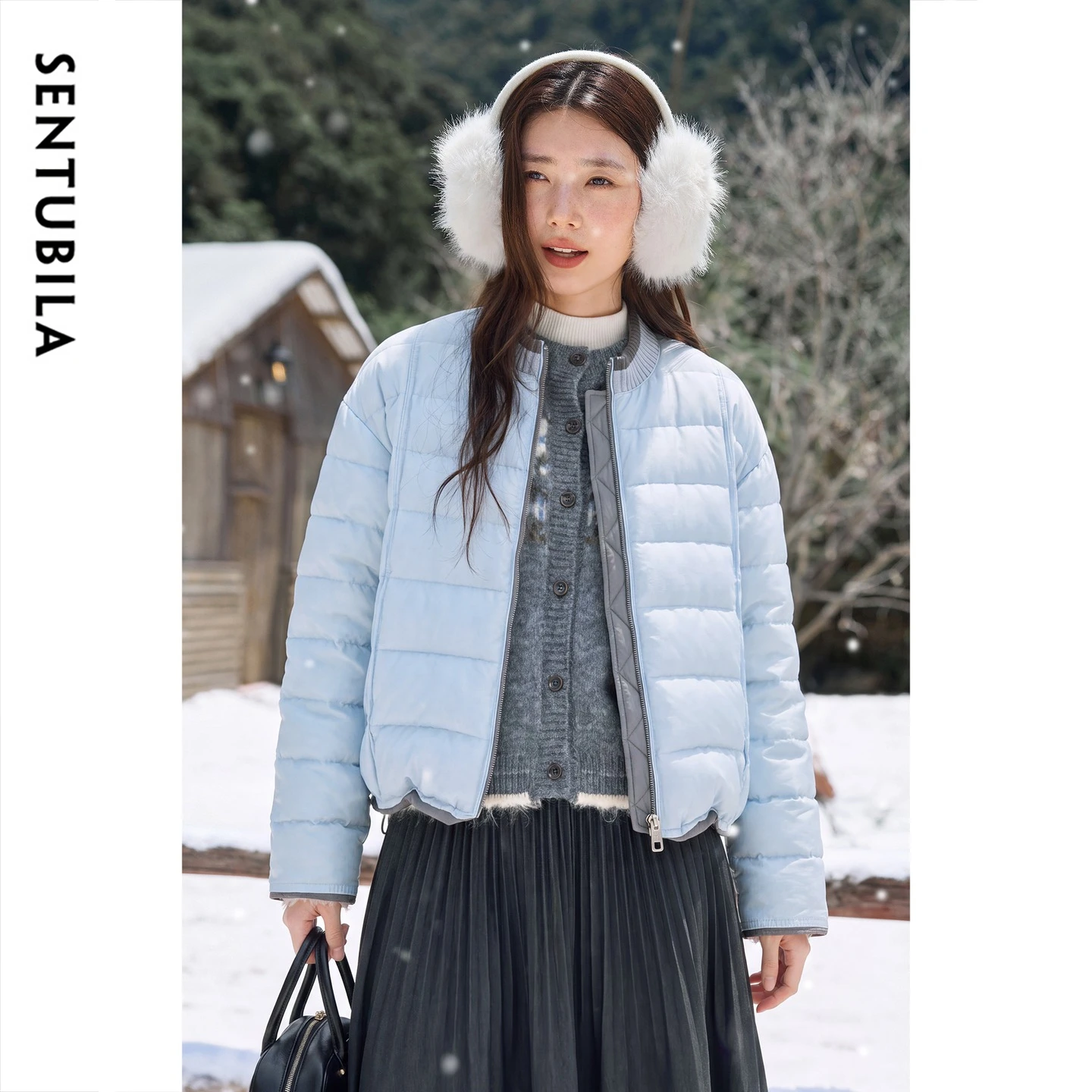 SENTUBILA Women's Down Jacket Winter Ribbed Crew Neck Zip 2026 Loose Warm Puffer Coat Commute Long Sleeve Outerwear W64YI8126