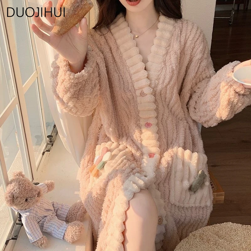 DUOJIHUI Winter Sweet Chic Single Breasted Loose Robe for Women New Basic V-neck Simple Casual Fashion Pocket Female Sleepwear