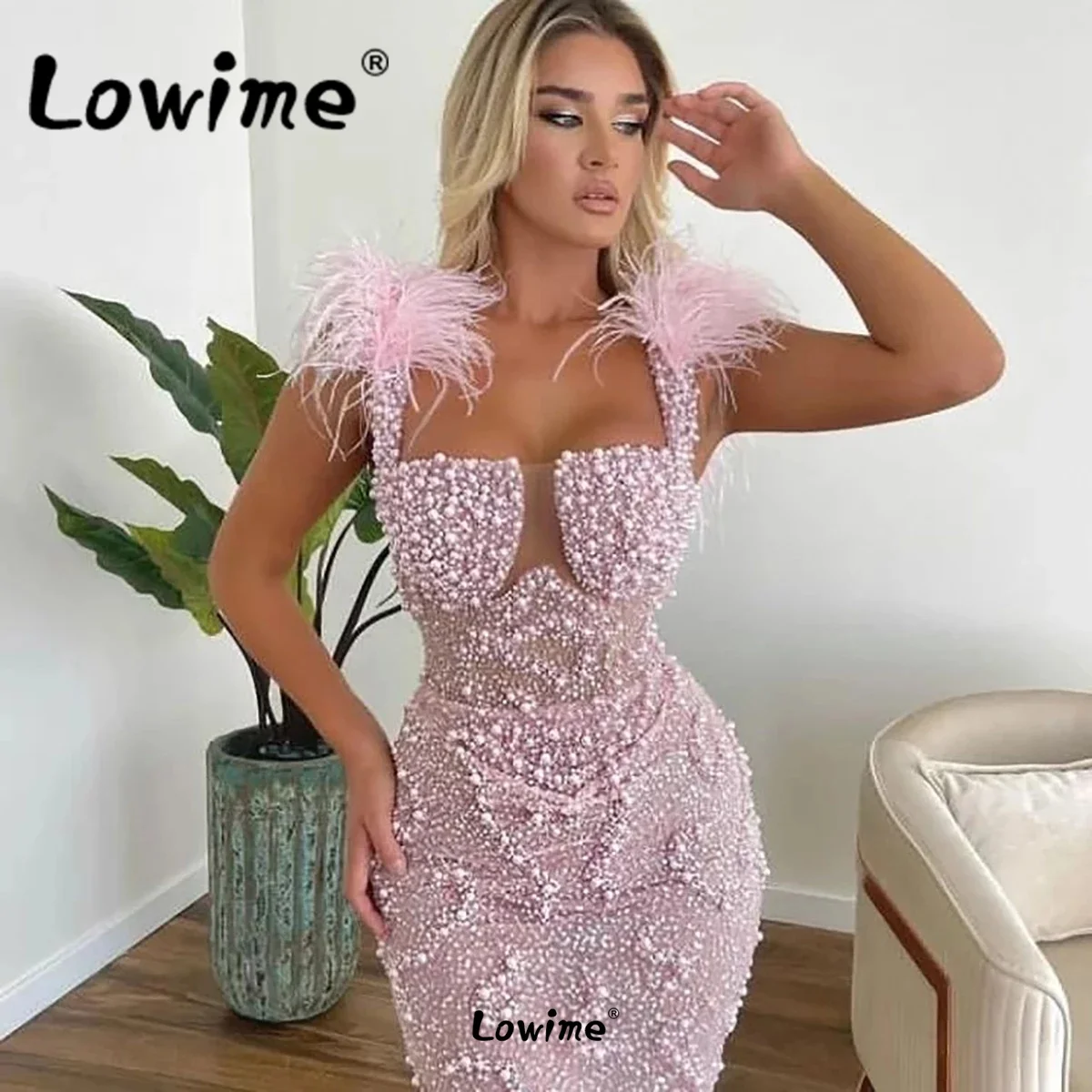 Arabic Feathers Pink Party Dress Beaded Formal Women Evening Dresses Long Mermaid Prom Gowns 2022 Customized Robes De Soiree