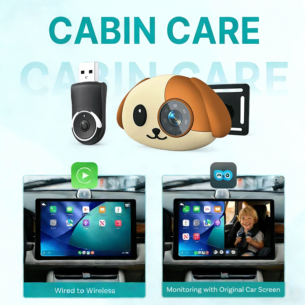 

2026 New Cabin Care Wireless Carplay Adapter with 1080P Baby Car Camera 150°Wide Angle Night Vision Backseat Monitor for Vehicle
