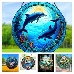 Blue Dolphin Acrylic Window Hanging Pendant  Stained Suncatcher Ocean Pattern Round Ornament For Garden Home Room Wall Decor