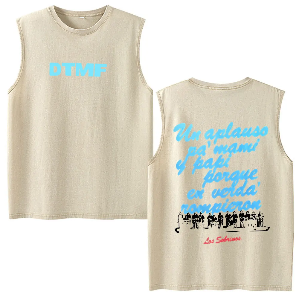 Rapper Bad Bunny Debi Tirar Mas Fotos DTMF Vintage Washed Weste T-Shirt Herren Lässige Mode Hip Hop Übergroße Ärmellose Tanktops – Detail 4