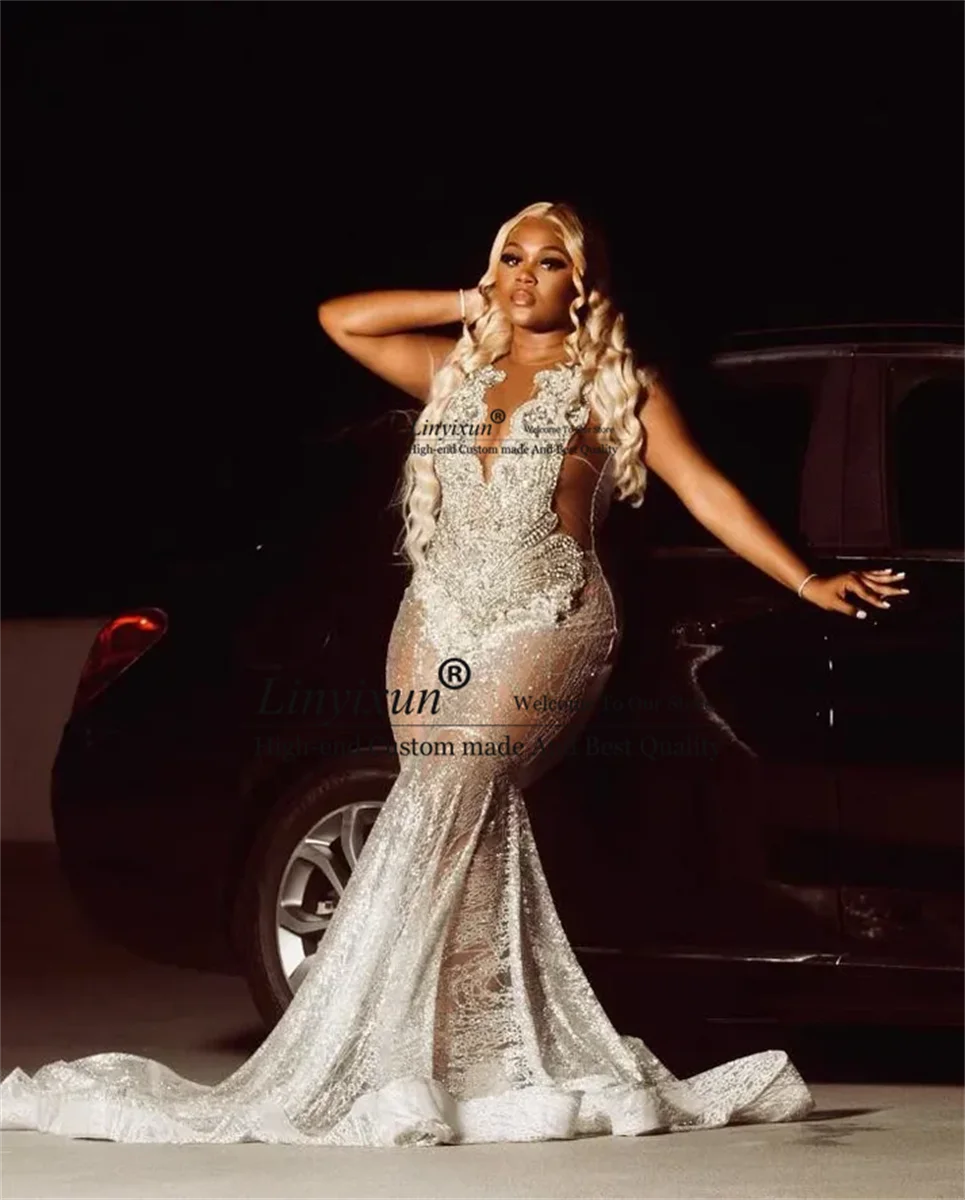 Sexy Silver Prom Dress 2024 Velvet For Black Girl Glitter Beads Crystals Rhinestones Robe De Bal Birthday Party Evening Gown