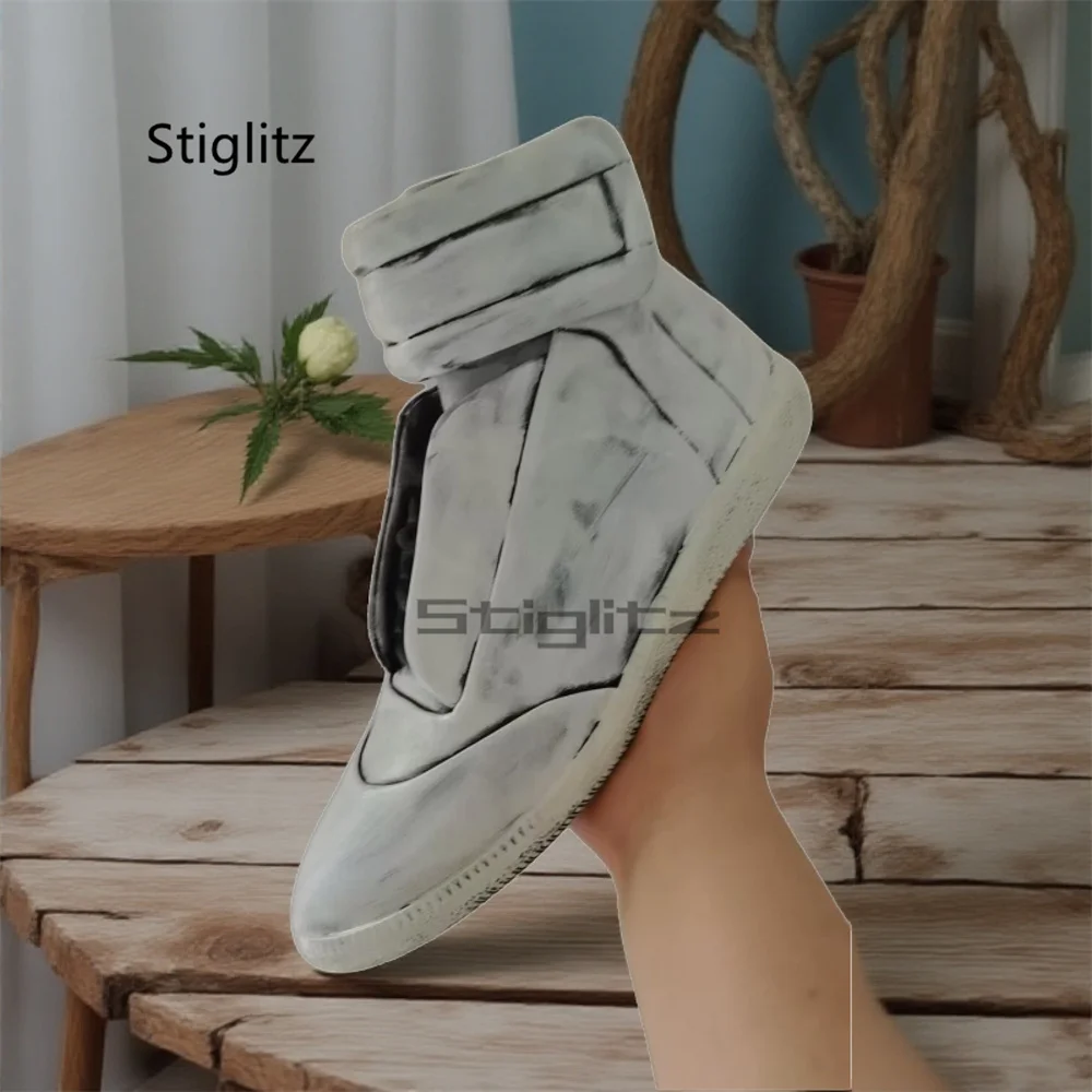 White Graffiti Casual High Top Boots for Men Women Genuine Leather Breathable Sports Shoes Flats Round Toe Sneakers Couple Shoes view 2