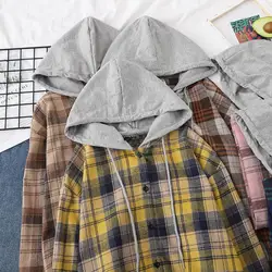 Autumn Women Shirts Hoodie Coat Plaid Print Loose Hooded Long Sleeves Drawstring Cardigan Single-breasted Buttons Spring Jacket