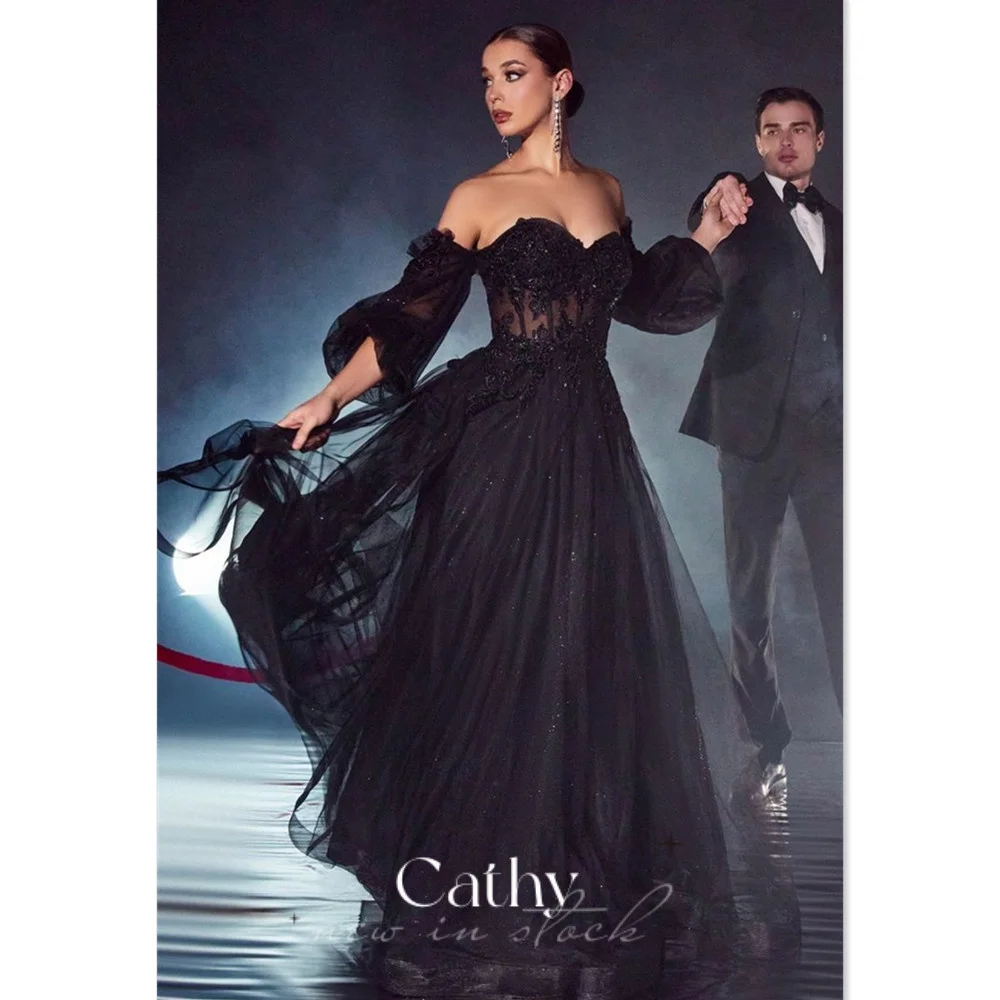 

Cathy Glitter فساتين السهرة Shiny Puffy Sleeve Prom Dress 2023 Black A-line Party Dresses Sexy Lace Embroid Vestidos De Noche