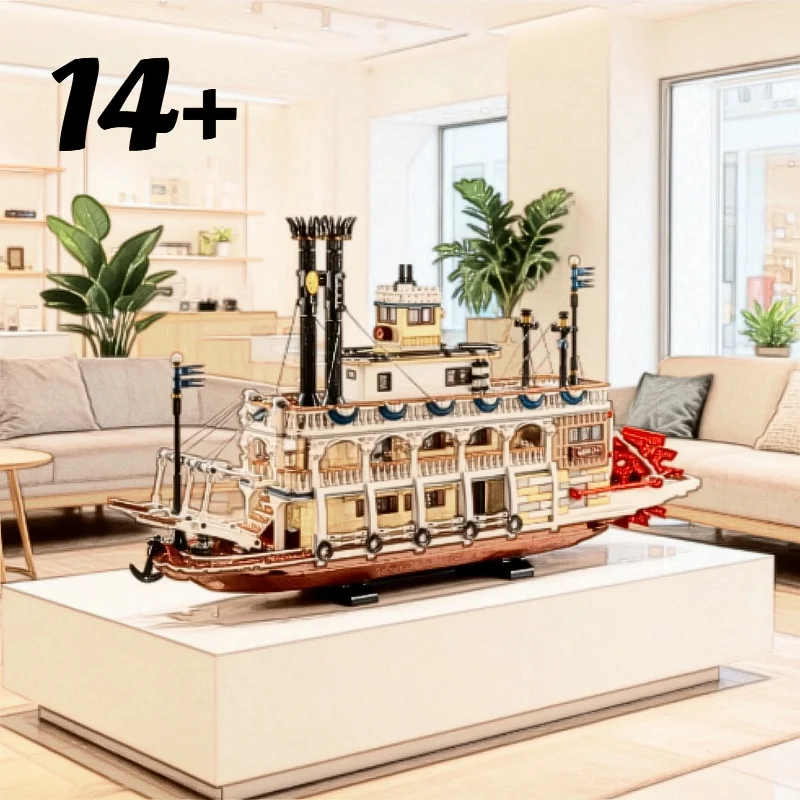 Modelo de barco de vapor creativo, transporte, ensamblaje de bloques de construcción de patatas de vapor de río, regalo Compatible para niños y adultos