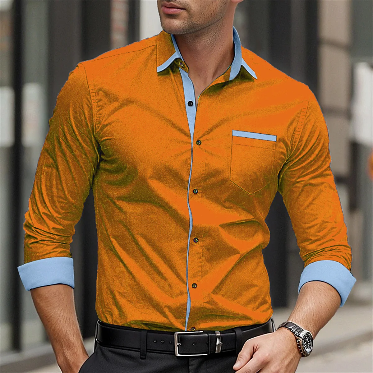 2024 New Men\'s Shirt Solid Color Splicing Printed Collar Shirt Fashion Business Casual Men\'s Long Sleeve Street Top 6XL