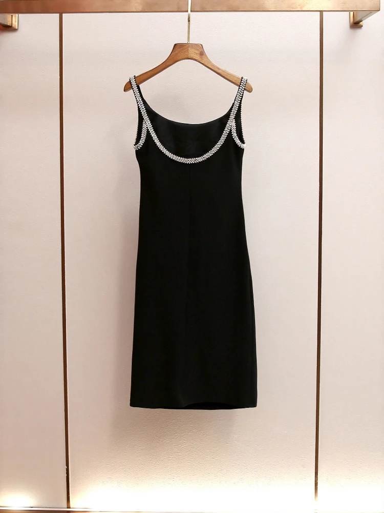 High End Women's Clothing Autumn New Style French Temperament Niche Diamond Studded Suspender Long Slimming Dress for Women