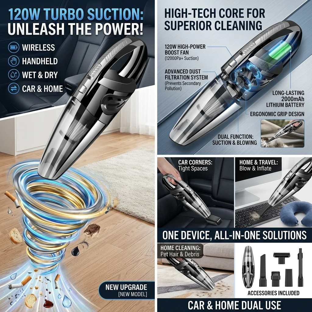 Car Vacuum Cleaner Handheld Wireless 120W Strong Suction Rechargeable Wet Dry Mini Vacuum for Car Home Cleaning Car Accessories