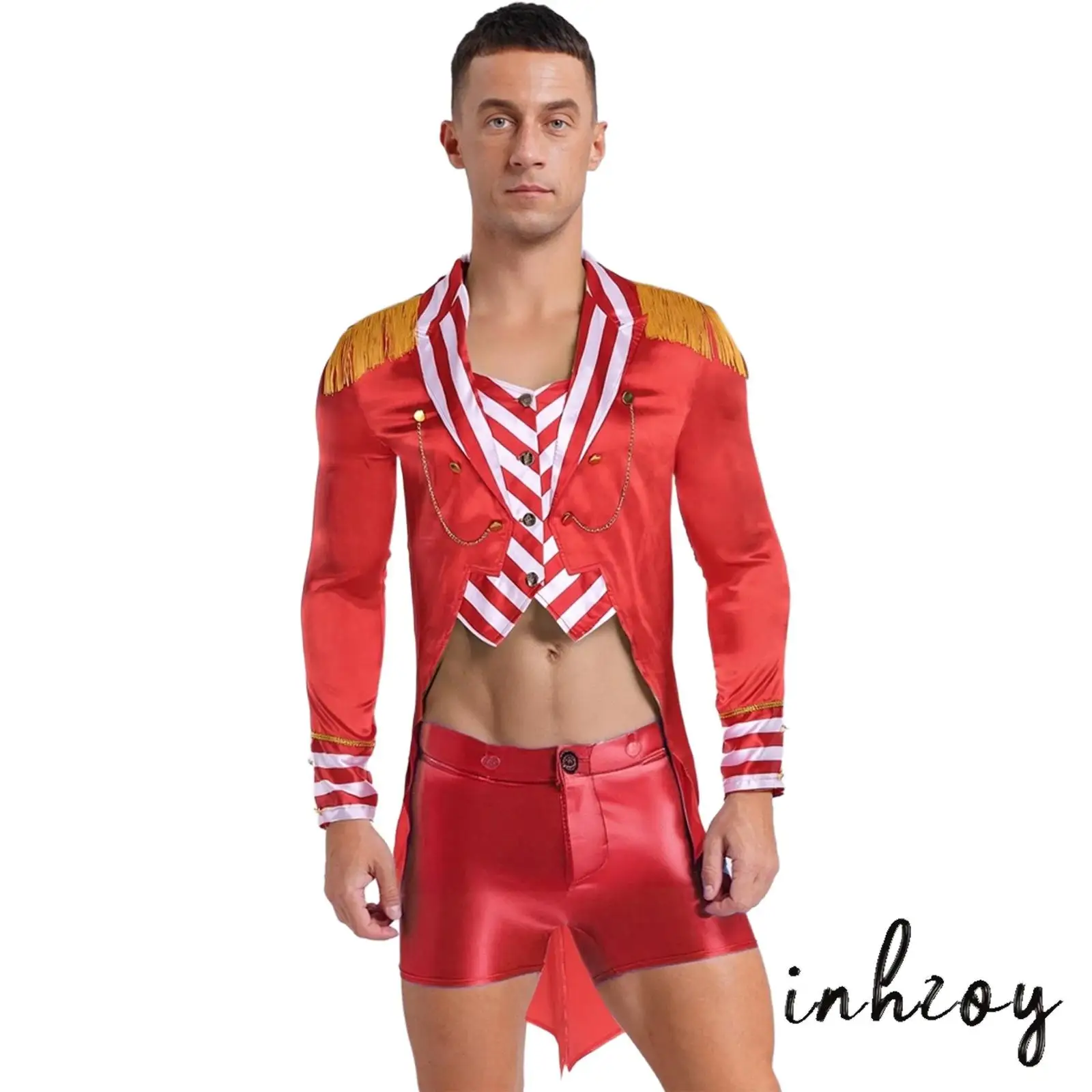 

Men Circus Ringmaster Tailcoat Vintage Striped Lapel Gold Tassel Epaulets Asymmetrical Hem Button Jacket Halloween Cosplay Gala