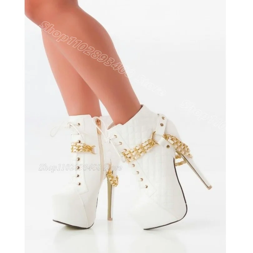 White Platform Chain Decor Boots Side Zipper Lace up Stiletto Spring British Style Party Women Ankle Boots Zapatos Para Mujere