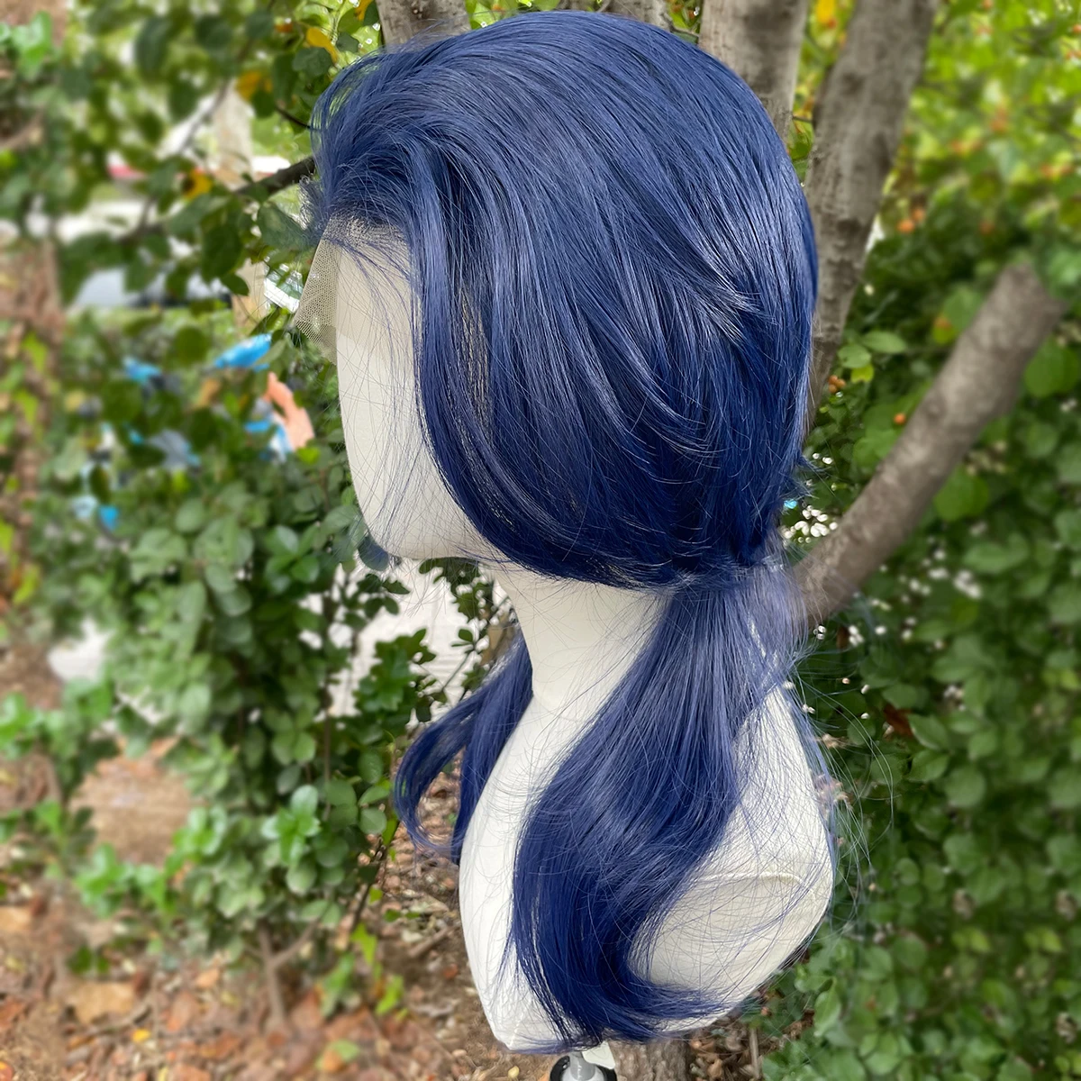 Dark Blue Rocker Cosplay Wigs for Men 13x4 Synthetic Lace Front Wigs for Women Shoulder Length Short Curly Wigs with Ponytails
