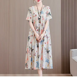 New Casual Fashion 2025 Summer Dress For Women Floral Printing Short Sleeve Elegant Vintage O-Neck Dresses Women Clothing
