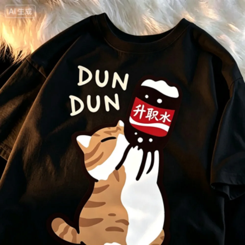 Cartoon Promotion Water Cat Graphic Women T-Shirt Soft Cotton Loose Fit Daily Casual Summer Short Sleeve Tee