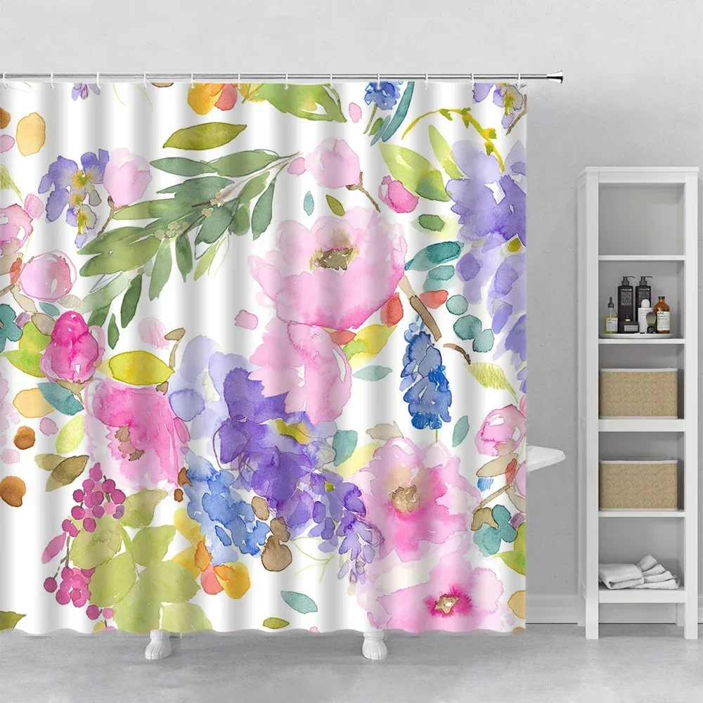 Teal Floral Shower Curtain Sets Hand Painted Watercolor Flower Plant Leaf Bathroom Curtains Home Decor Polyester Fabric Hooks