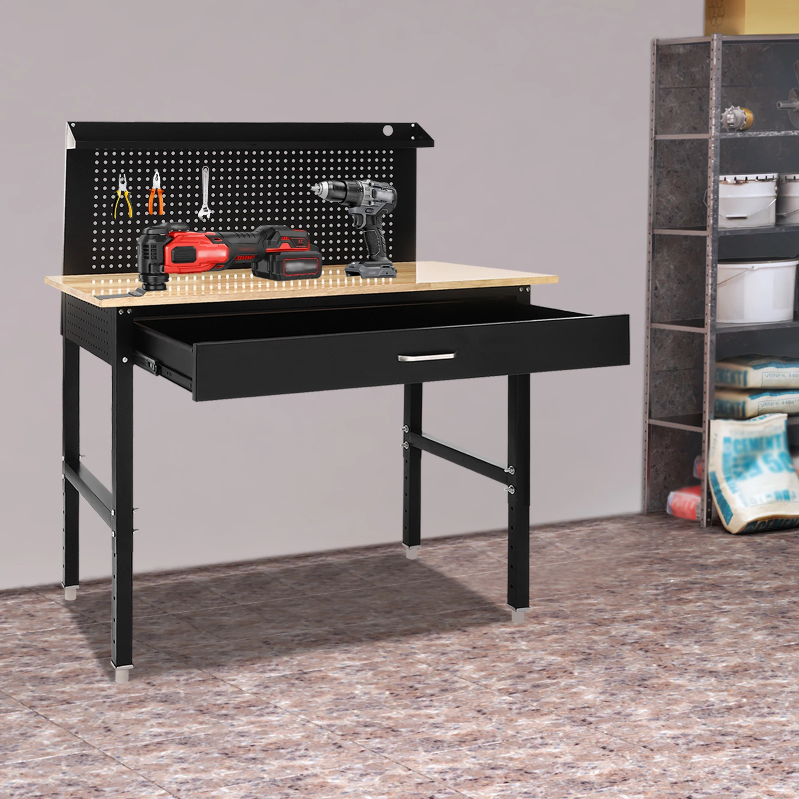 Adjustable Garage Workbench, Work Bench for Garage Office Home, Height Adjustable Workbench