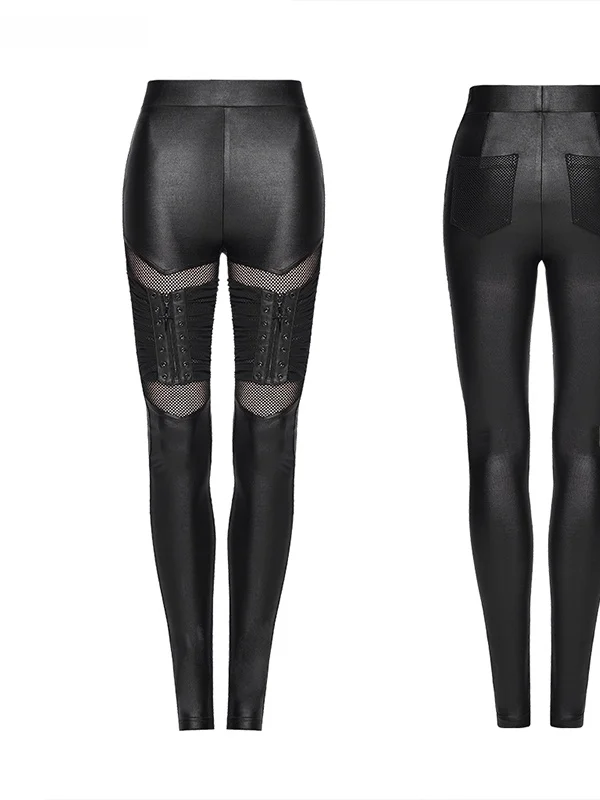 Punk Style High Waist Mesh Splice Tight Pants Women's Sexy Base Layer Pants Garter Belted Long Pants Polyester Spandex Blend