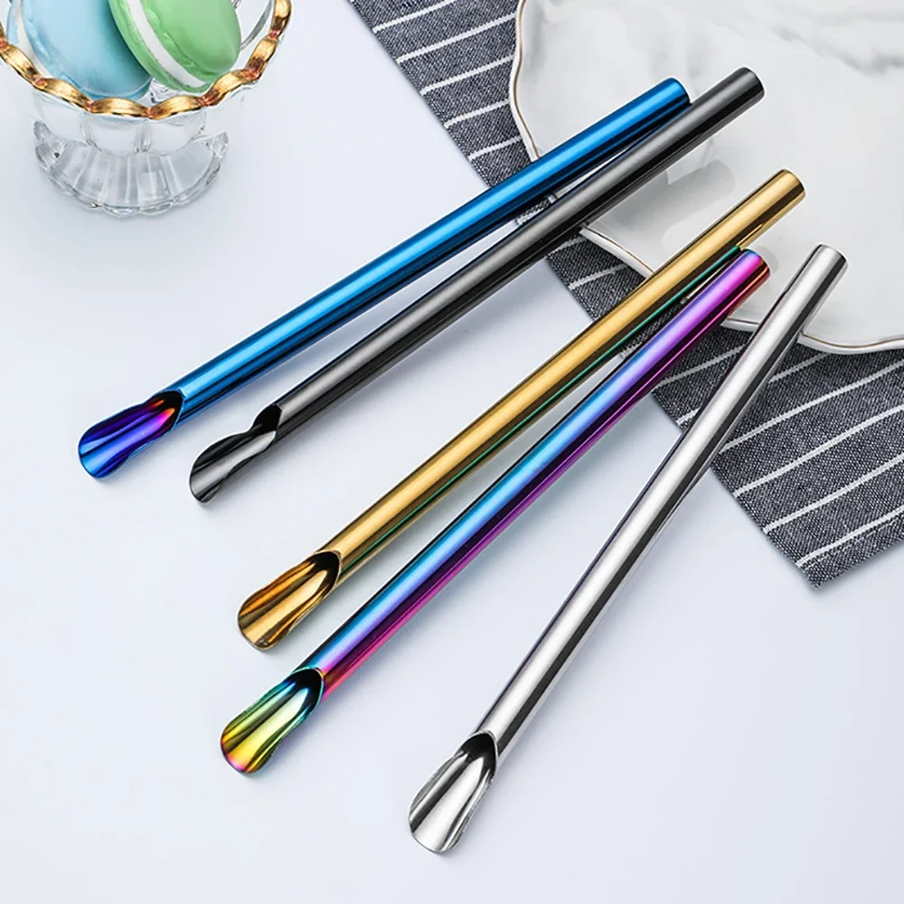 4Pcs Stainless Steel Reusable Straw Spoon Stirring Spoon Durability Drinking Straw with Brush Set Bar Creative Colorful Straw