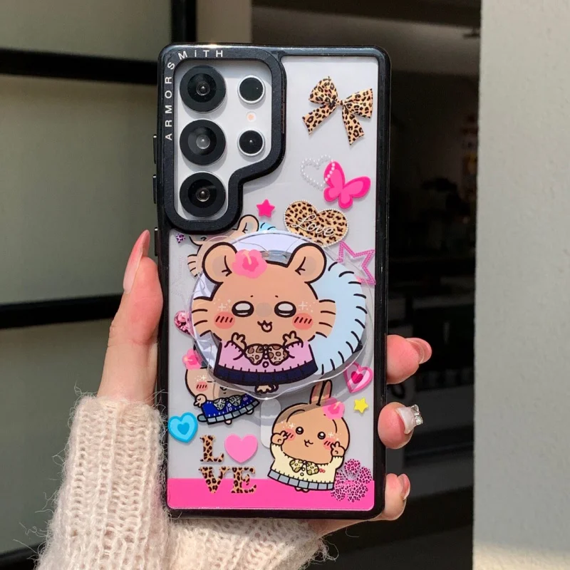 Black Skin Leopard Print Momonga Magnetic Phone Case for Samsung S26 Ultra S25 S24 S23 Cartoon Usagi Chiikawa Shockproof Cover
