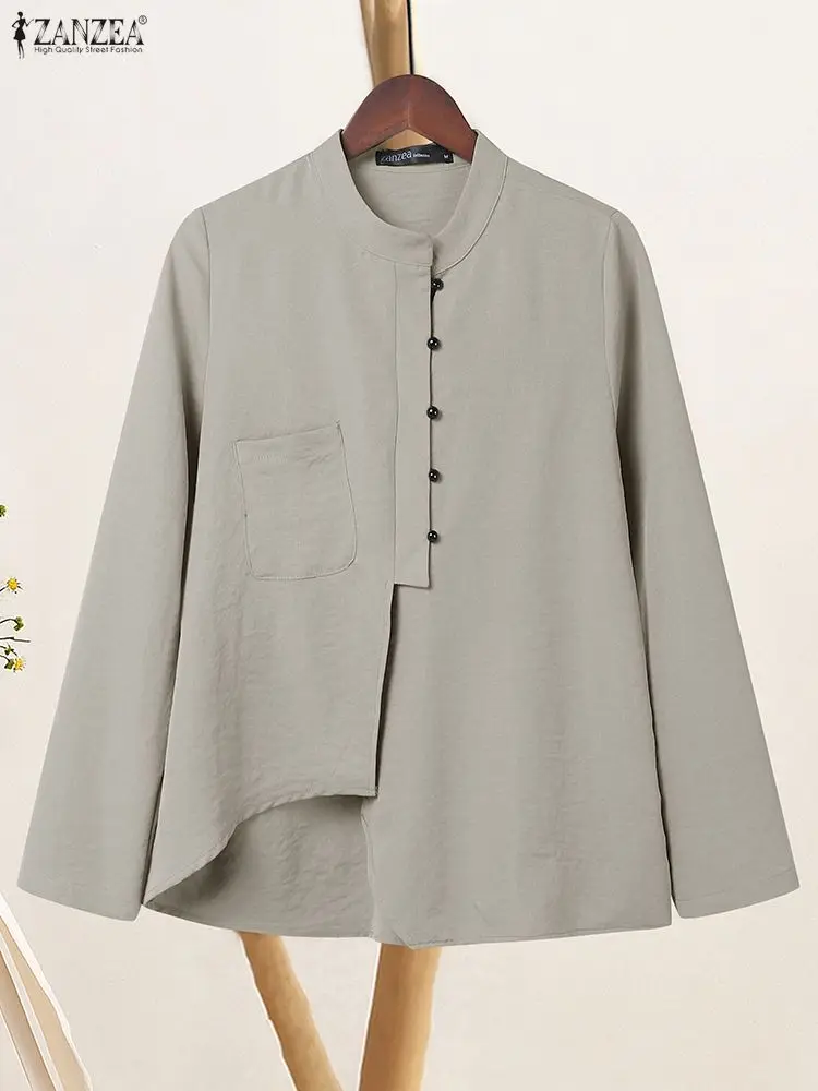 2025ZANZEA Mode Frauen Herbst Langarm Bluse Casual Solide Tasten Hemd Elegante Stehkragen OL Arbeit Tops Unregelmäßige Shirts